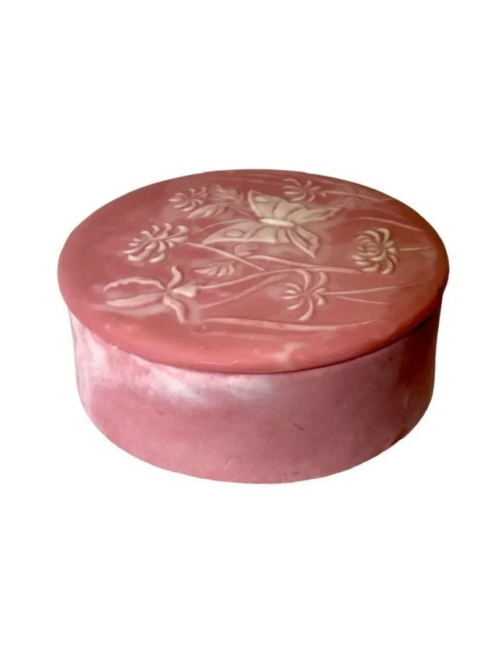 Vintage Pink Embossed Butterfly & Floral Round Incolay Trinket Box With Lid